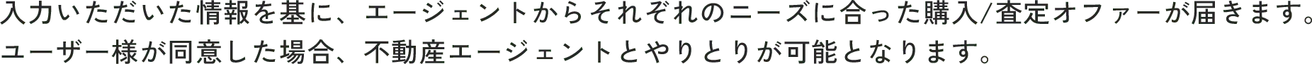 入力いただいた情報を基に、エージェントからそれぞれのニーズに合った購入/査定オファーが届きます。ユーザー様が同意した場合、不動産エージェントとやりとりが可能となります。